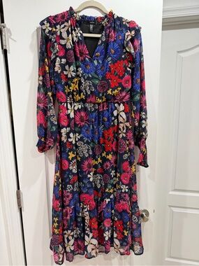 Aqua Navy Floral Tiered Long Sleeve Midi Dress - Multi
